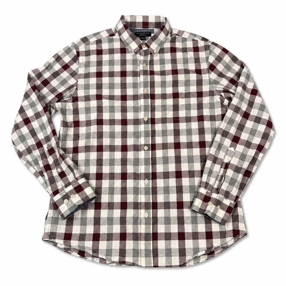 Banana Republic Soft Wash Slim Fit Plaid Button Down Shirt Men's L Burgundy Gray